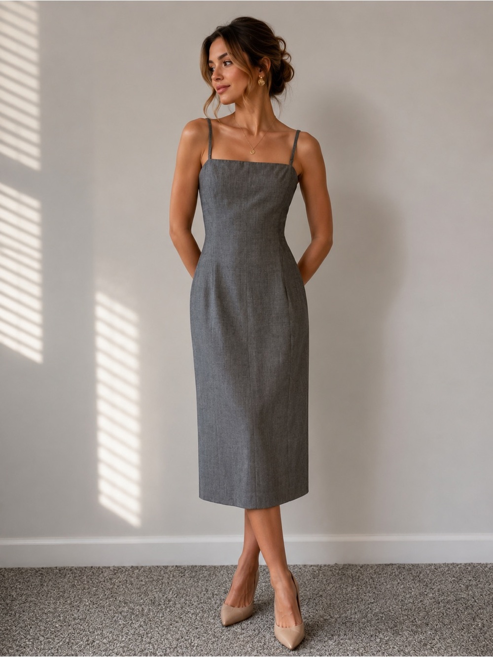 BCBG Max Azria Collection Linen Mohair Midi Dress Gray Open Back Size 8